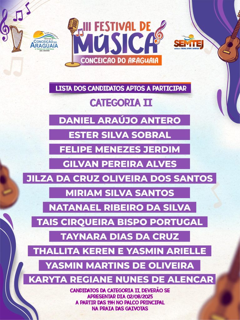 Divulgada a lista dos candidatos aptos a participar do III Festival de Música de Conceição do Araguaia!
