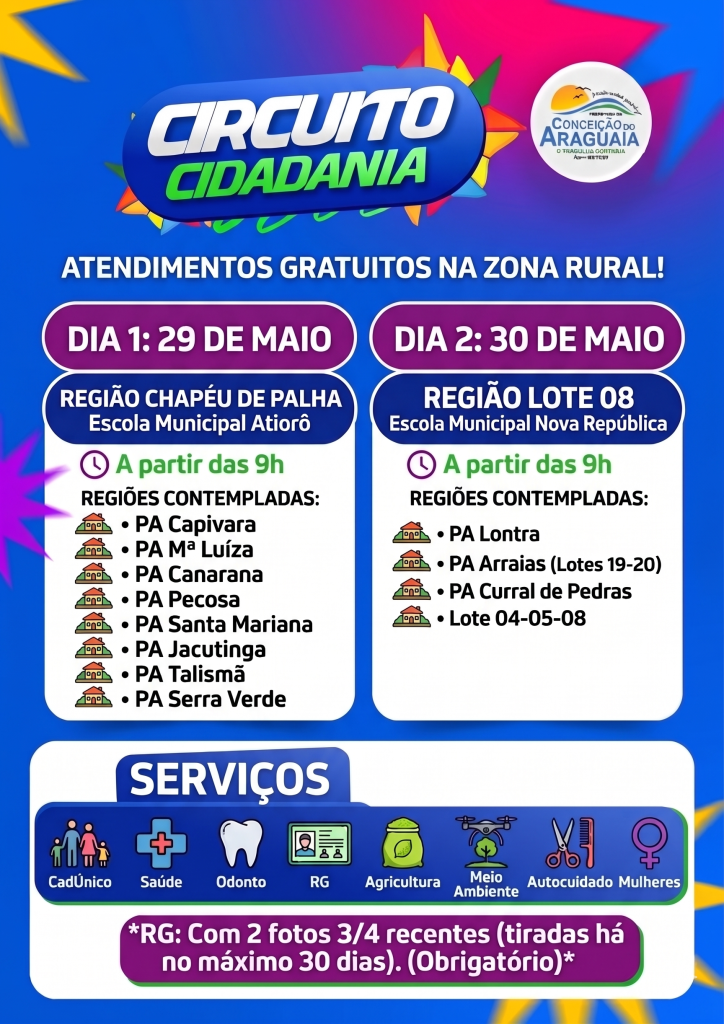 Prefeitura realiza rodada dupla do ‘Circuito Cidadania’ nas regiões Chapéu de Palha e Lote 08 nos dias 29 e 30 de maio
